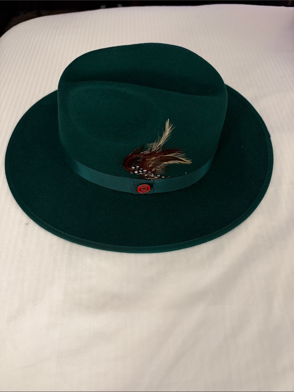 Men's Dark Green Felt Fedora Hat with Feather Trim